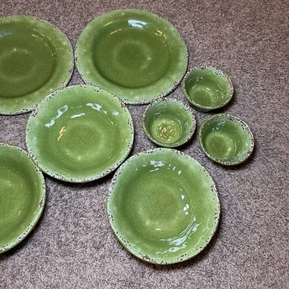 Pier 1 Imports CARMELO Green Melamine Plates Bowls LOT of 9 Snack Set Crackle